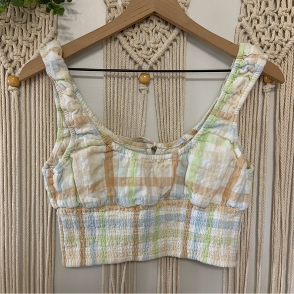 AMERICAN EAGLE Cotton Linen Plaid Smock And Roll‎ Tie Front Smocked Top Medium - Picture 5 of 10
